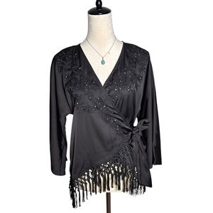 ZARA Black Sequin Embroidered Fringe Relaxed Wrap Top XS | Boho Western Festival